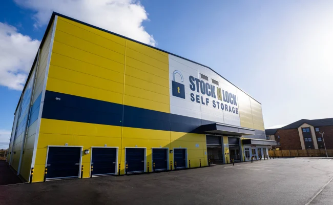 A wide view of a Stock N Lock self-storage facility.
