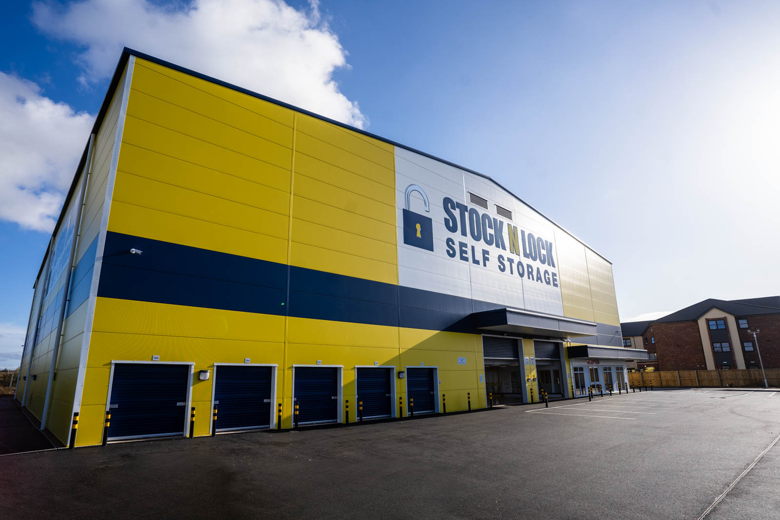 A wide view of a Stock N Lock self-storage facility.