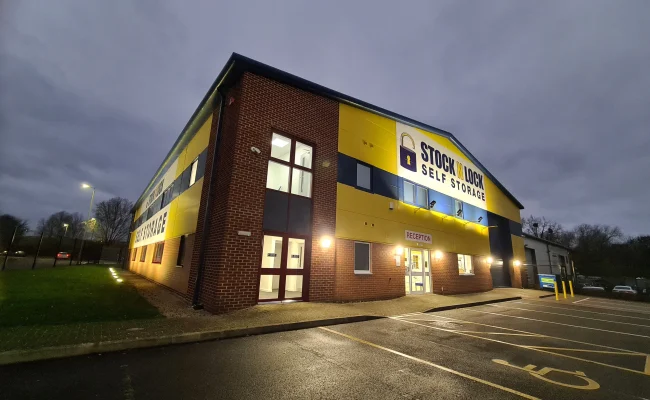 night time side shot of building