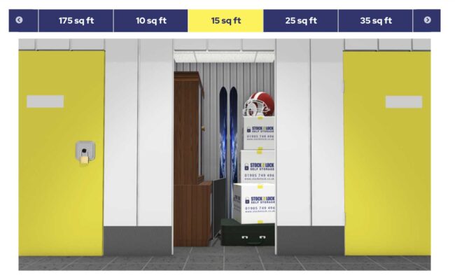 15 square foot self storage unit with boxes, cabinet, and sports equipment